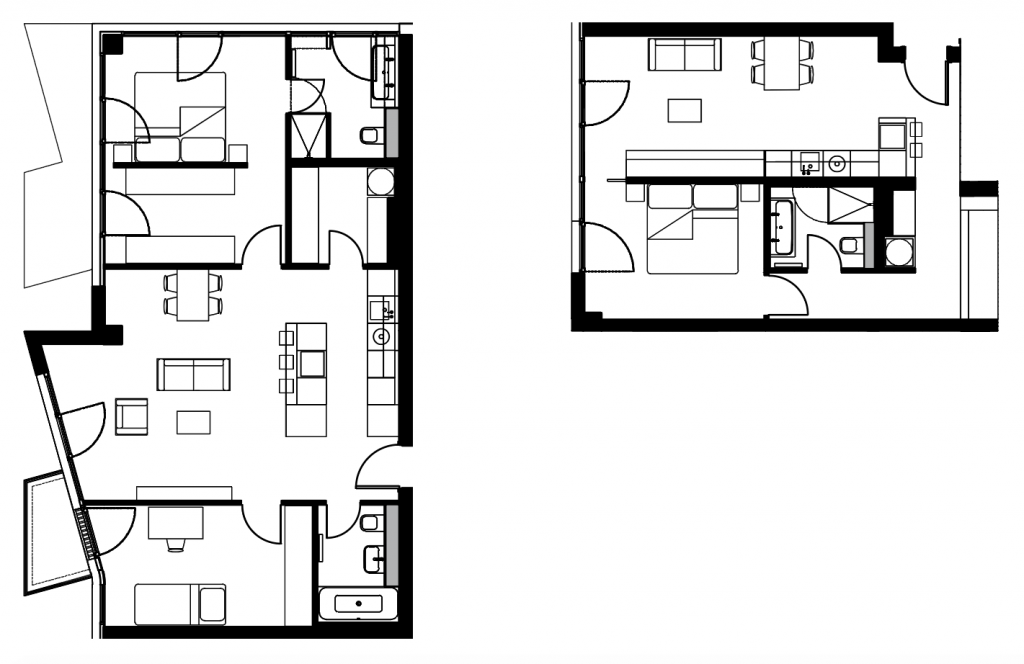 Die Grundrisse spiegeln den Verlauf der Fassade wider. Für die individuellen Bäder wurden die Sanitärinstallationen in konventioneller Bauweise umgesetzt. Maßstab 1 : 200